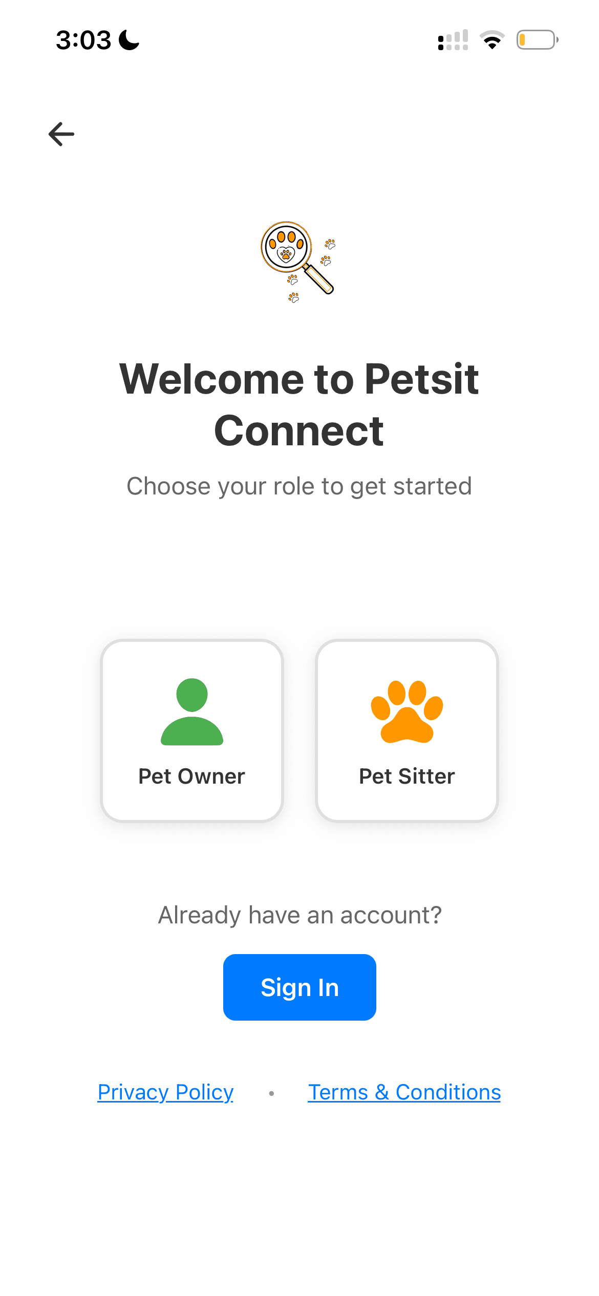 PetSit Connect app screen 1